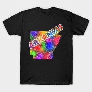 Colorful mandala art map of Arkansas with text in multicolor pattern T-Shirt